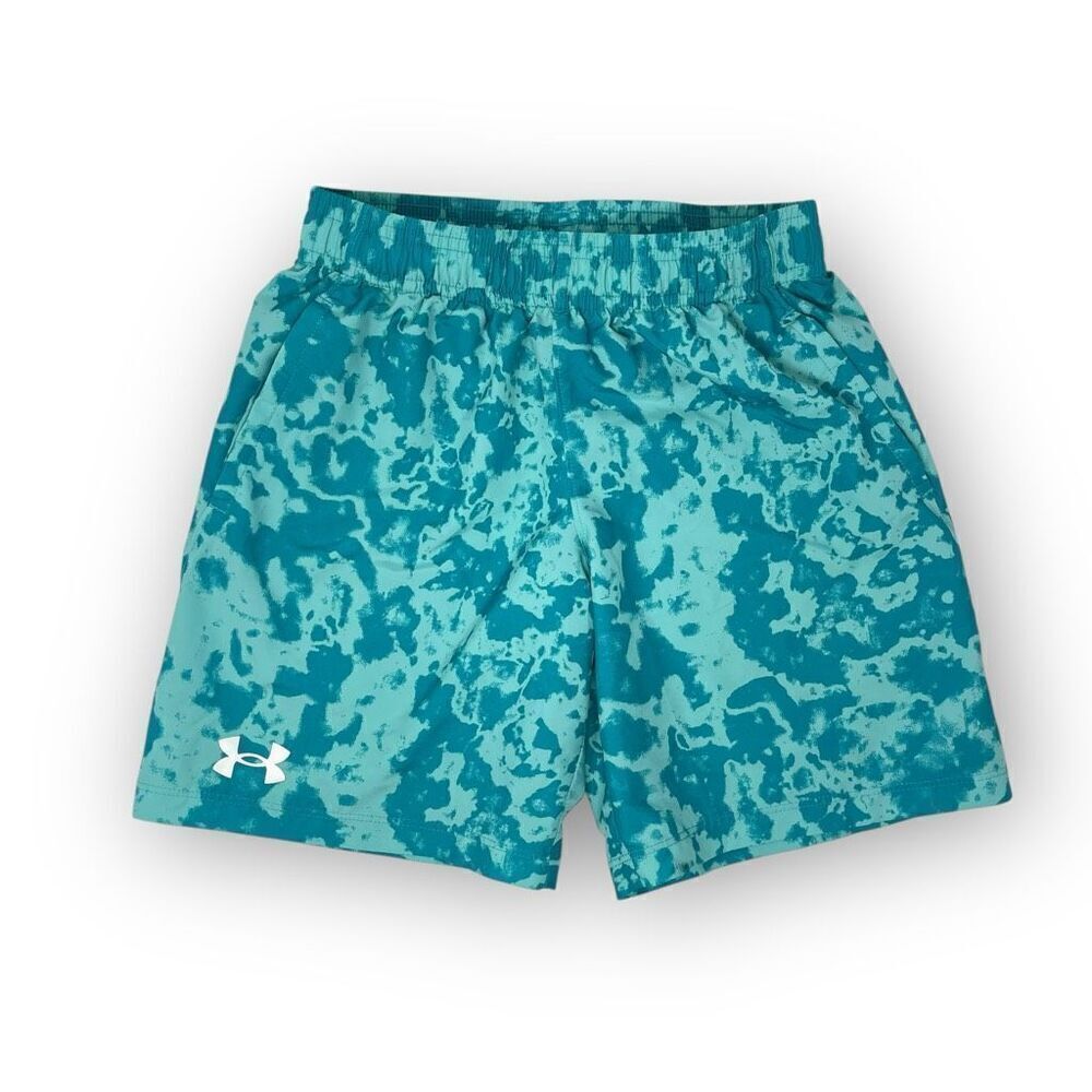 Under Armour Shorts Printed Aqua Blue Athletic Pocketed Boys Youth Size XS